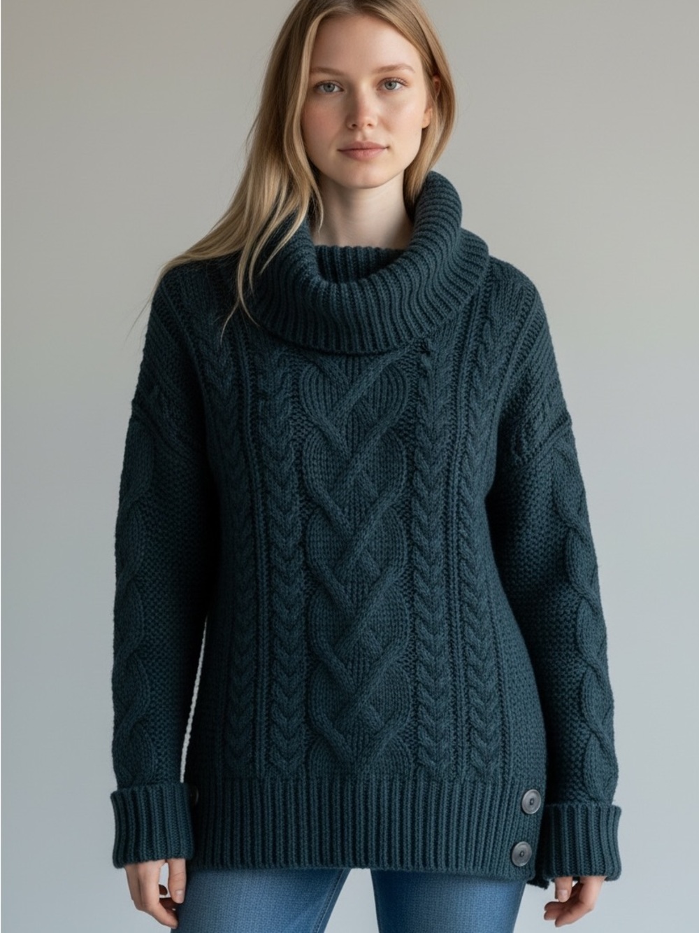 Angel of the North Cable Knit Turtleneck Sweater - Dark Teal